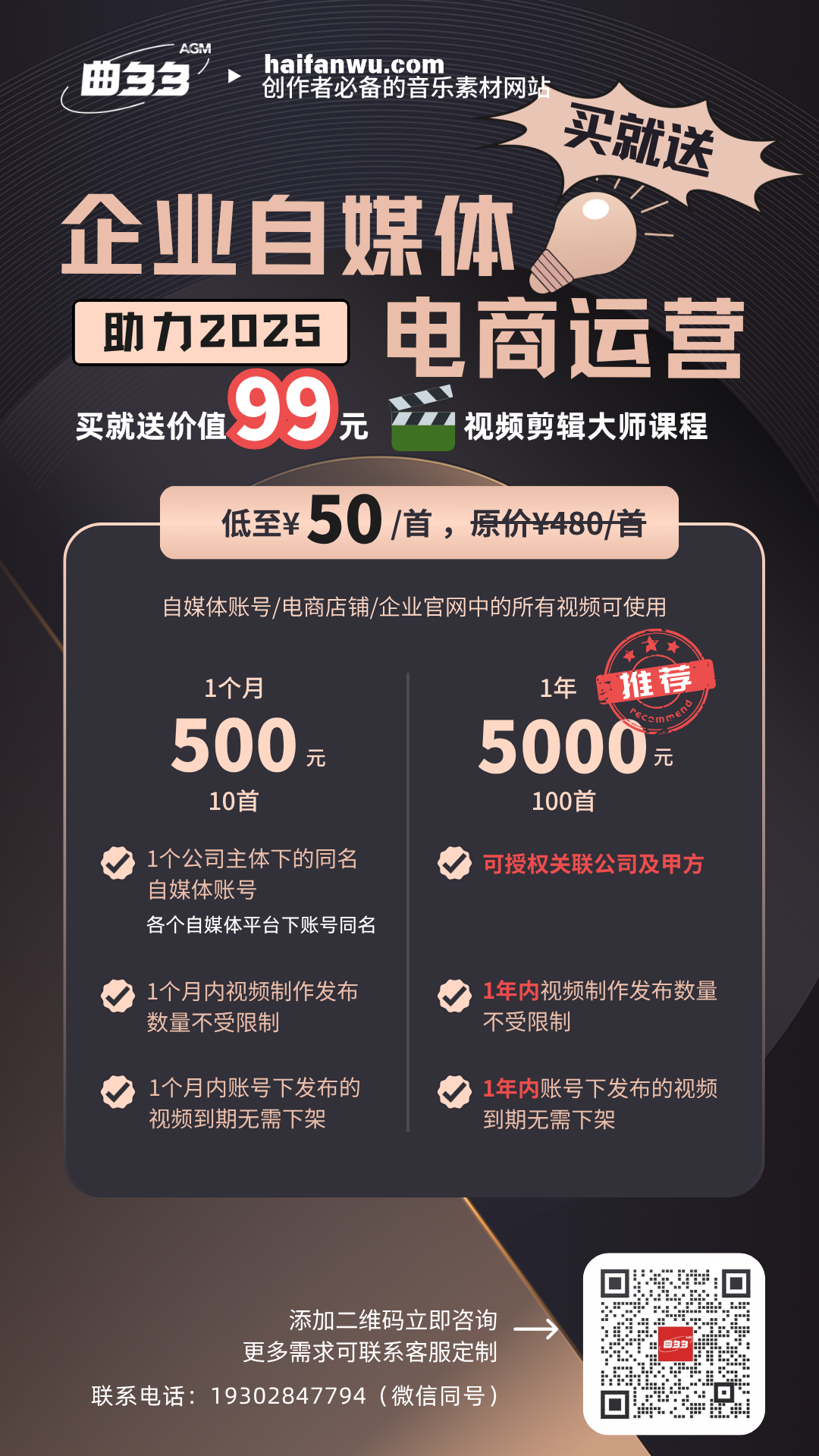 企业商用50元/首，可授权多个公司，1首歌制作发布的视频数量不限